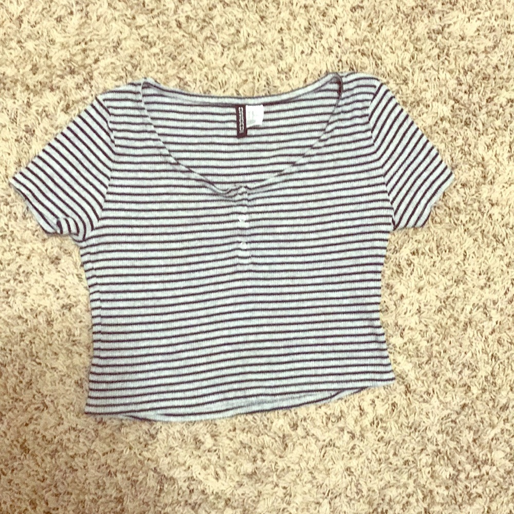 Grey and black stripes Henley crop top